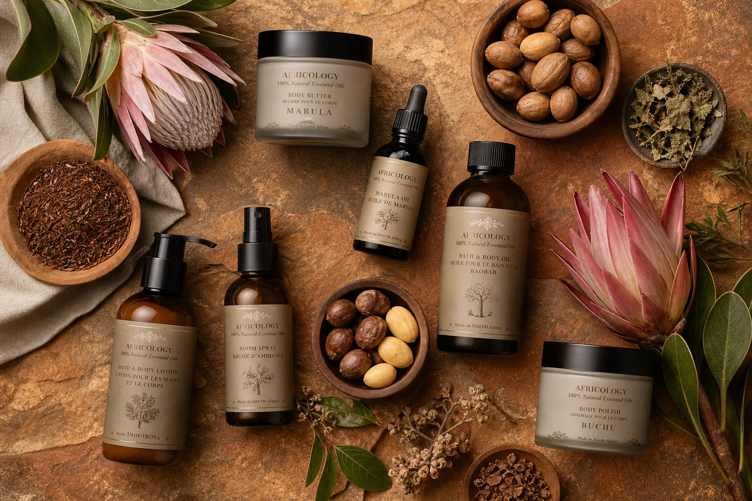 Africology luxury skincare  -  indigenous African botanical ingredients and premium amber glass bottles arranged as a spa flat-lay