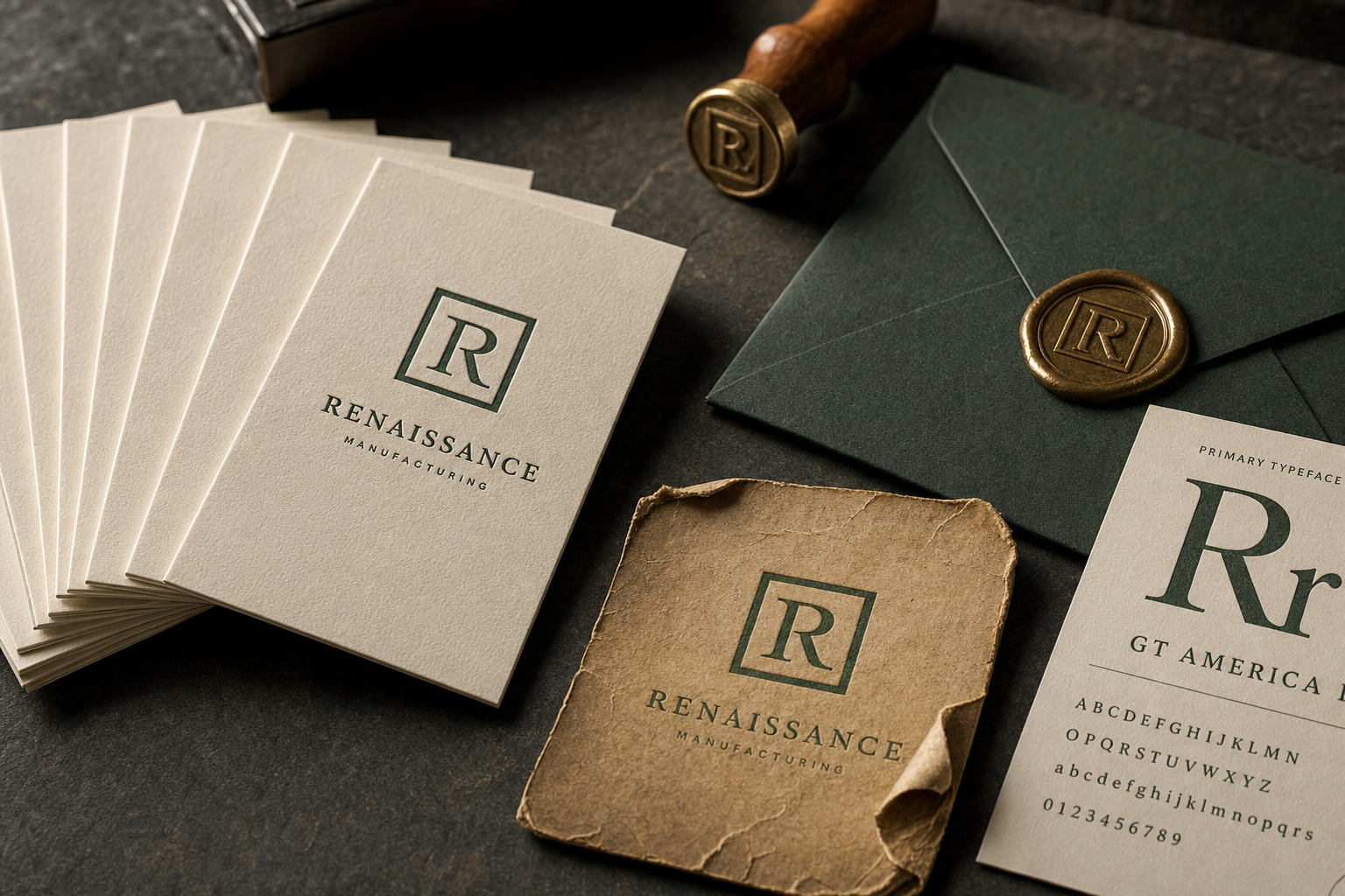 Premium brand identity materials  -  luxury business cards and letterpress collateral arranged on a dark surface