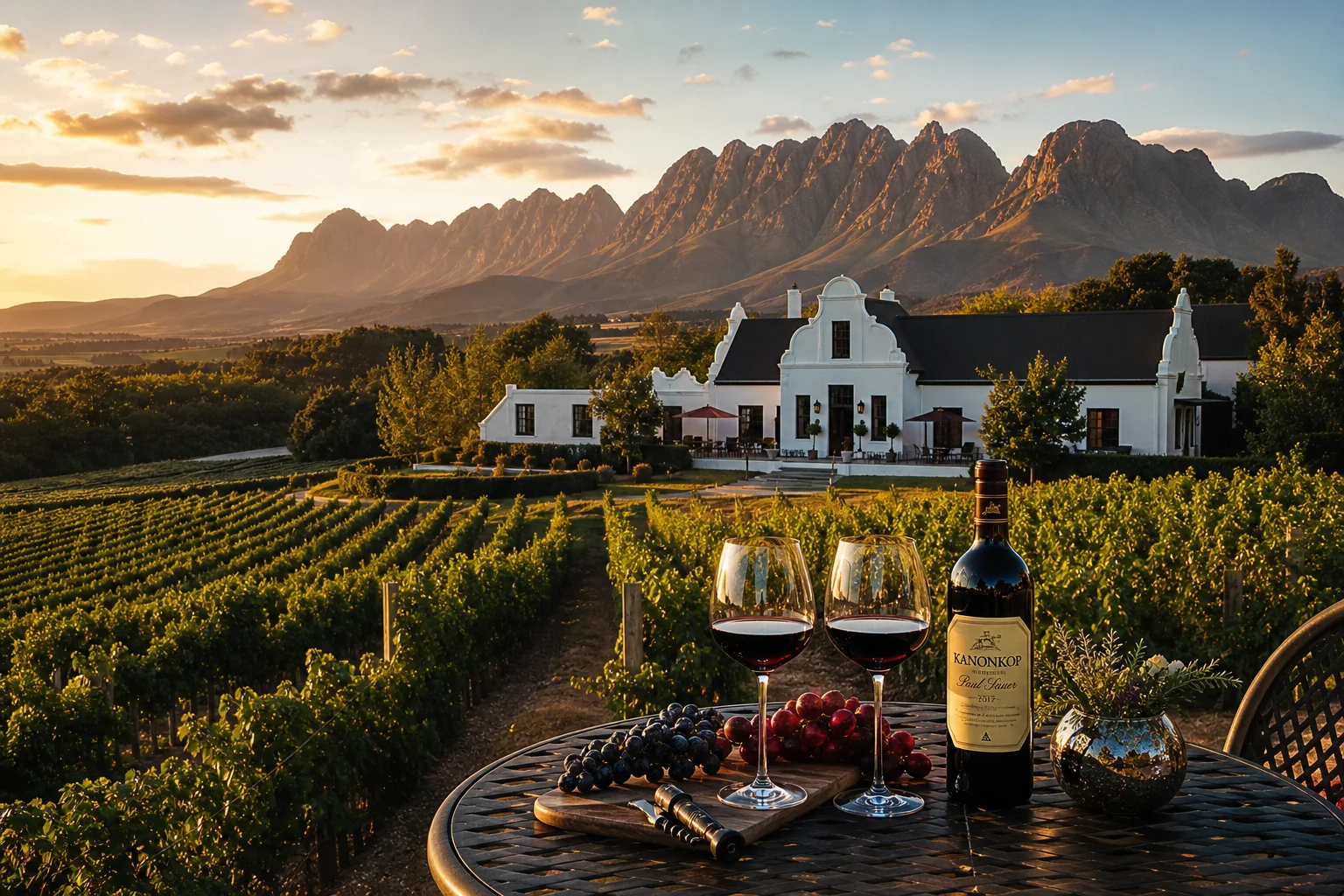 Delaire Graff Estate golden hour panorama  -  Stellenbosch vineyard, mountain views and fine wine lifestyle